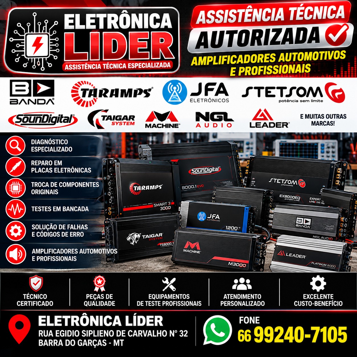 Marcas de amplificadores automotivos e profissionais atendidas pela Eletrônica Líder